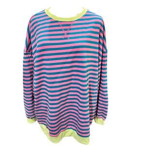 Trendy Queen Striped Oversized Sweatshirt Crewneck Long Sleeve Pink Teal Lime XL